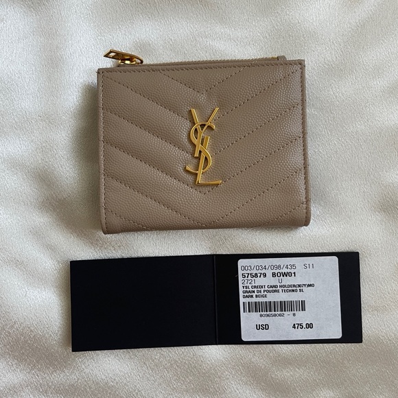 YVES SAINT LAURENT Monogram Grain Leather Card Case Beige